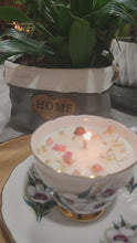 Load and play video in Gallery viewer, Tea Cup Candle Soy Wax Cherry Blossom Herbal Candle Gift for Mom, Gift for Sister, Teacher, Grandma, Nana, Engagement, Bridal, Best Friend,
